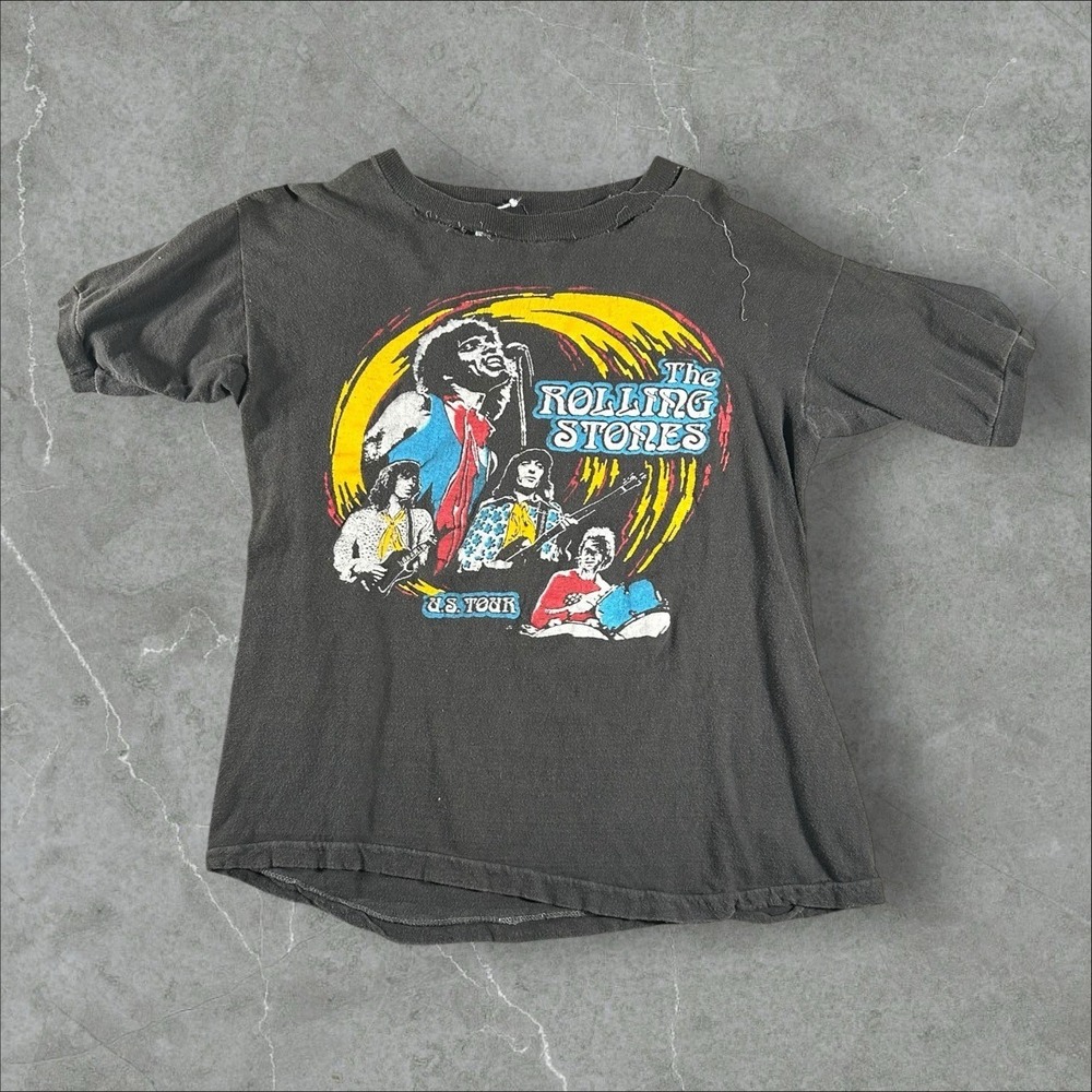 Vintage The Rolling Stones Shirt Mens Small Black 1970s U.S. Tour Band Tee